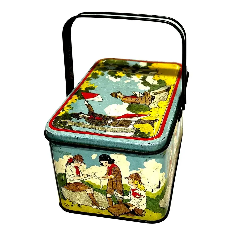 Vintage Girl Scouts metal tin lunch box top handle guides flags yellow blue